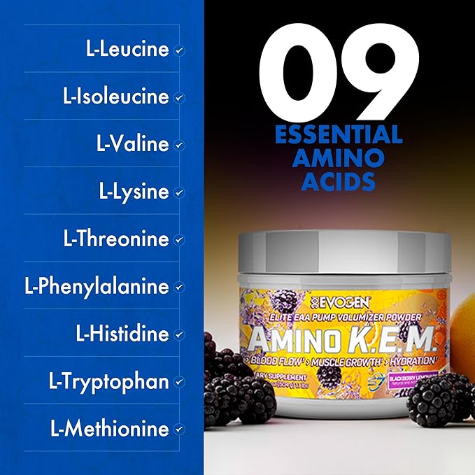 Evogen Amino K.E.M. - EAA &amp BCAA Powder Pump Volumizer | BCAAs Amino Acids Supplement for Blood Flow Muscle Growth &amp Hydration | BlackBerry Lemonade | 30 Servings