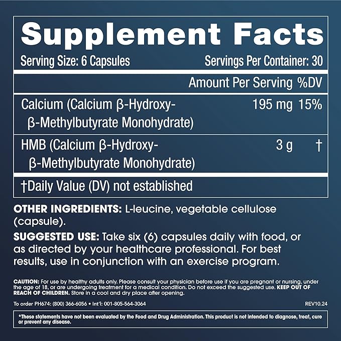 ProHealth HMB Supplement for Men &amp Women (Calcium β-Hydroxy- β-Methylbutyrate Monohydrate) 180 Capsules Calcium HMB Supplements for Muscle Defense Strength &amp Recovery