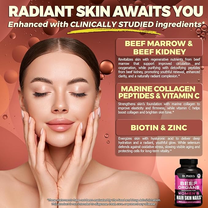 Primal Beef Organ Supplement for Women + 8 Hair Growth Vitamins Queen Blend for Hair Skin and Nails Biotin (10000mcg) Collagen Peptides Beef Liver MD Formulated 4 Beef Organs for Women 150 Caps