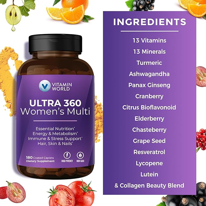 Vitamin World Ultra 360 Multivitamin for Women Women's Multivitamin with Herbs &amp Collagen for Hair Skin &amp Nails Supplement with Iron Vitamin A B C D E for Energy &amp Immune Support