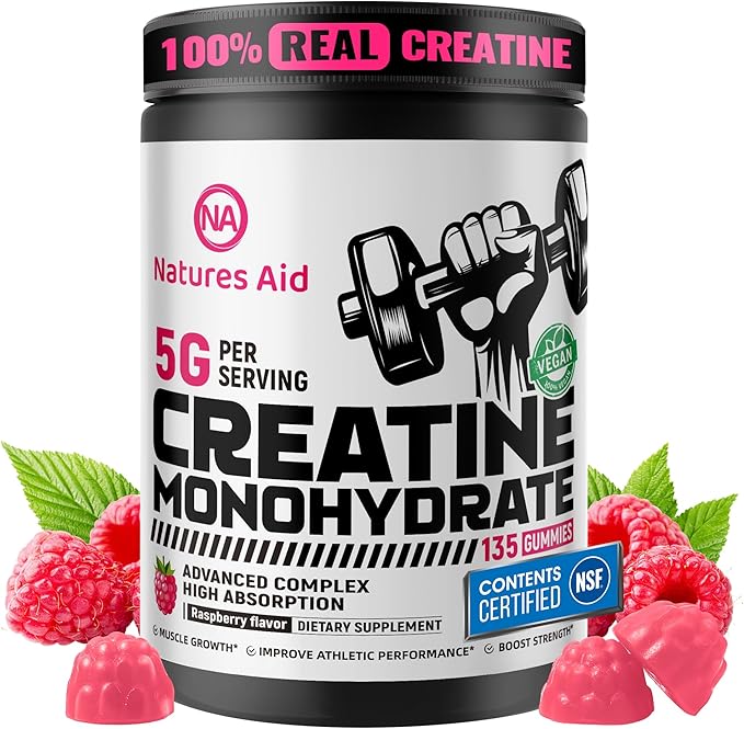 Natures Aid NSF Certified Creatine Gummy 5g - Creatine Monohydrate Gummies – Pre-Workout Energy &amp Muscle Growth Support for Men &amp Women | Raspberry Electrolyte Gummies (135 Count)