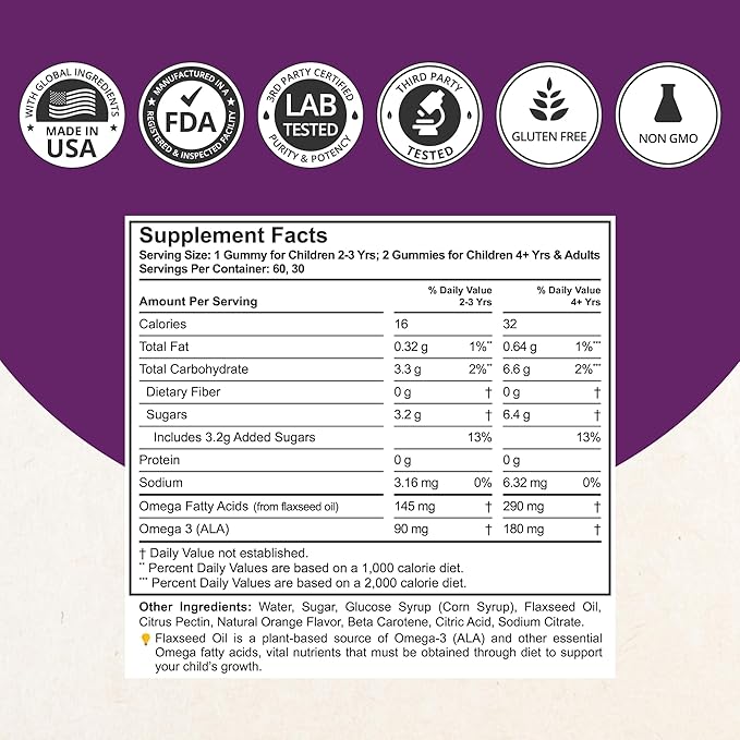 NuBest Omega 3 Gummies for Kids &amp Teens with Flaxseed Oil | Supports Brain Growth Mental Clarity Focus and Eye Health | No Added Sugar | Orange Flavor | 60 Premium Vegan Gummies | 1 Month Suppl