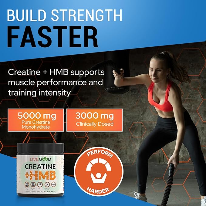 LIVEGOOD Creatine Monohydrate with HMB for Lean Muscle Growth &amp Recovery – HMB Creatine Powder for Men and Women – Unflavored Creatine 30 Servings