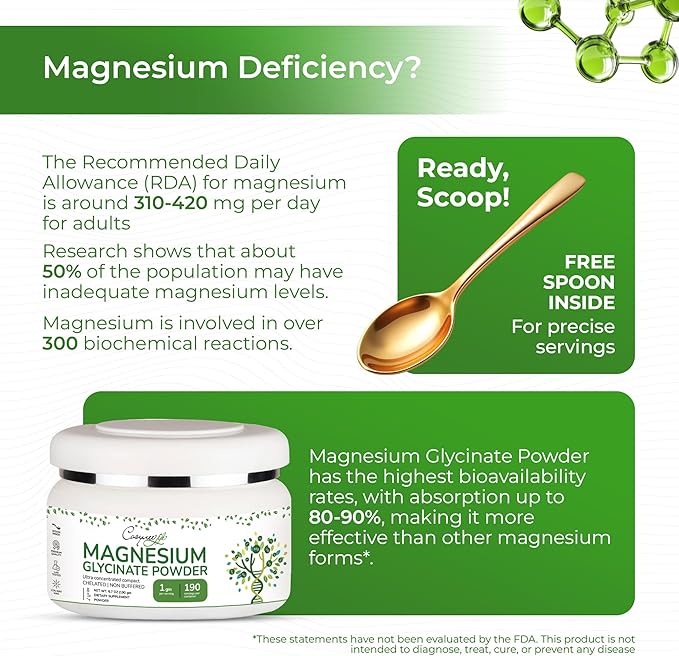 Magnesium Glycinate 220mg High Absorption Magnesium Powder for Sleep Calm Powdered Chelated Magneisum bisglycinate Glicinato de Magnesio 190 Serving