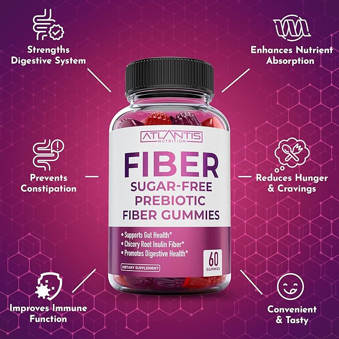 Atlantis Nutrition Sugar Free Fiber Gummies for Adults - 5G Fiber Supplement Formulated with 5.4G Prebiotic Digestive Blend/Serving - Supports Gut Health &amp Healthy Digestion - 2-Pack 120 Gummies