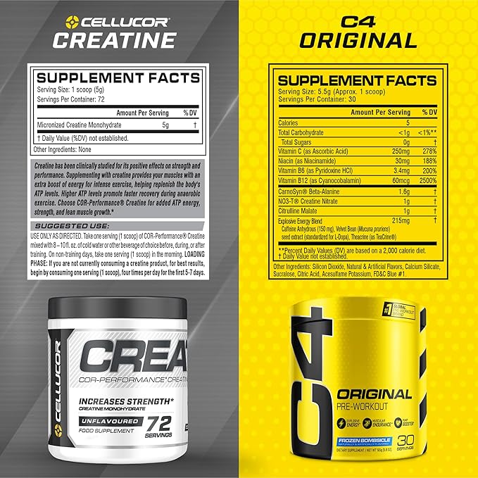 Cellucor Pre Workout &amp Creatine Bundle C4 Original Pre Workout Powder Frozen Bombsicle 30 Servings + Cor Performance Creatine Powder 72 Servings