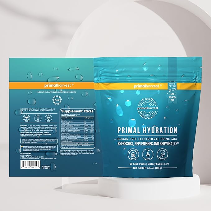 Primal Creatine Powder + Primal Hydration Stick Pack Bundle | 2-Pack | Boost Performance Recovery &amp Electrolyte Balance | 30 Servings Each