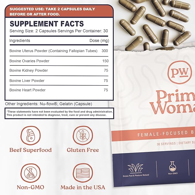 Beef Organ Supplement for Women - Heart Liver for Women Grass Fed Pasture Raised Liver | Primal Beef Organ Capsules Woman (60 Capsules)