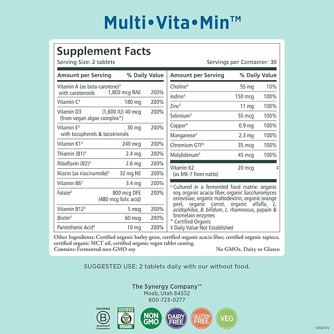 PURE SYNERGY Multi·Vita·Min | Vegan Multivitamin Made with Organic Whole Foods | Twice Daily Supplement for Men and Women | Core Nutrients for Energy Mood Immune and Bone Health (60 Tablets)