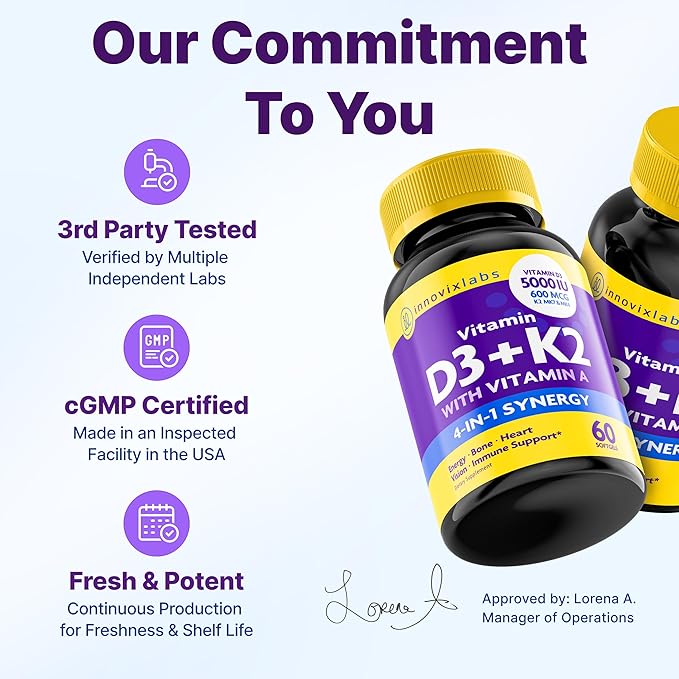InnovixLabs Vitamin D3 K2-5000 IU Vitamin D3 Plus 600 mcg Vitamin K2 MK4 and MK7 for Max Calcium Absorption Supports Bone Immune Heart Health 3rd Party Tested Gluten Free 60 Softgels (Pack of 2)