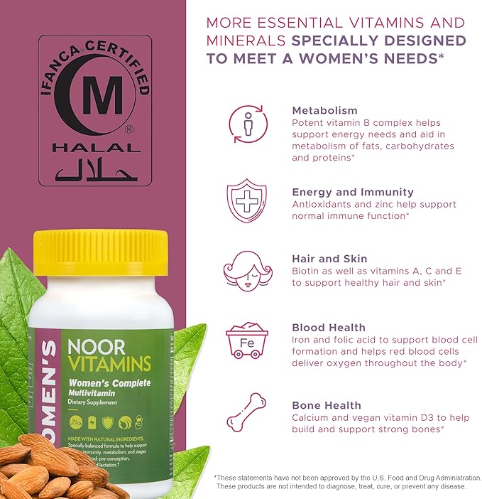 Noor Vitamins Halal Womens Multivitamin &amp Mineral I Once Daily Vitamin Supplement I Vegan | Supports Energy Immunity Metabolism Healthy Appearance and Stages of Motherhood I 2-Month Supply