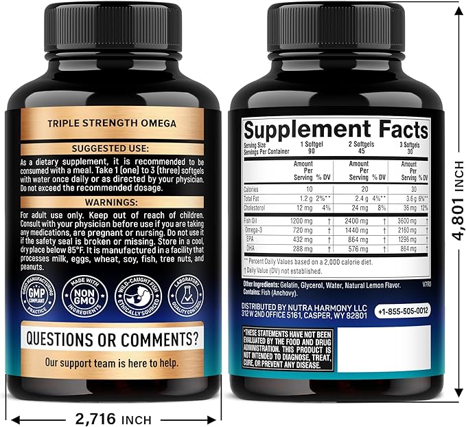 Omega 3 Fish Oil 3600 mg - Omega 3 Supplement | EPA &amp DHA - Heavy Metals Free - Heart Brain &amp Joint Support - Purified Fish Oil for Men &amp Women - Lemon Flavored - Made in USA 90 Softgels