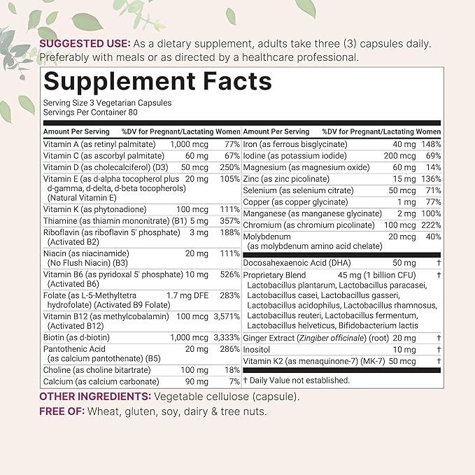 Micro Ingredients Prenatal Vitamins for Women | 38-in-1 with Folate DHA Choline Iron Probiotics Inositol &amp Vitamin C D B Complex | No Fillers | 240 Veggie Capsules