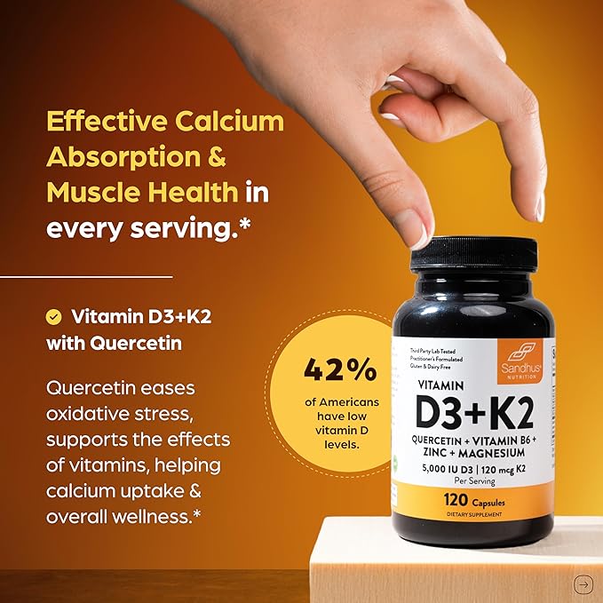 Sandhu's Vitamin D3 K2 Magnesium 5000 IU 120mcg K2 Capsules 120 Count (Pack of 3) | with VIT B6 Zinc &amp Quercetin | D3K2 Supports Superior Absorption Energy Immune Muscle Health for Men &amp