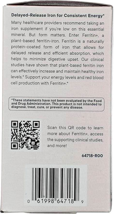 Flora Ferritin+ Delayed-Release Iron Supplement - Plant-Based Iron Supplement - Blood Cell &amp Energy Support - Vegan &amp Gluten-Free - Amber Glass Bottle - 30 Vegan Capsules