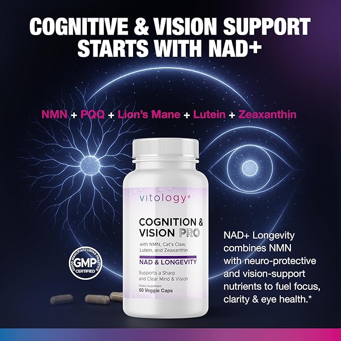 NAD &amp Longevity: Cognition &amp Vision PRO – NMN + NR + PQQ + Lion’s Mane + Lutein + Zeaxanthin – Supports Healthy Cognitive &amp Visual Function – 60 Veggie Capsules
