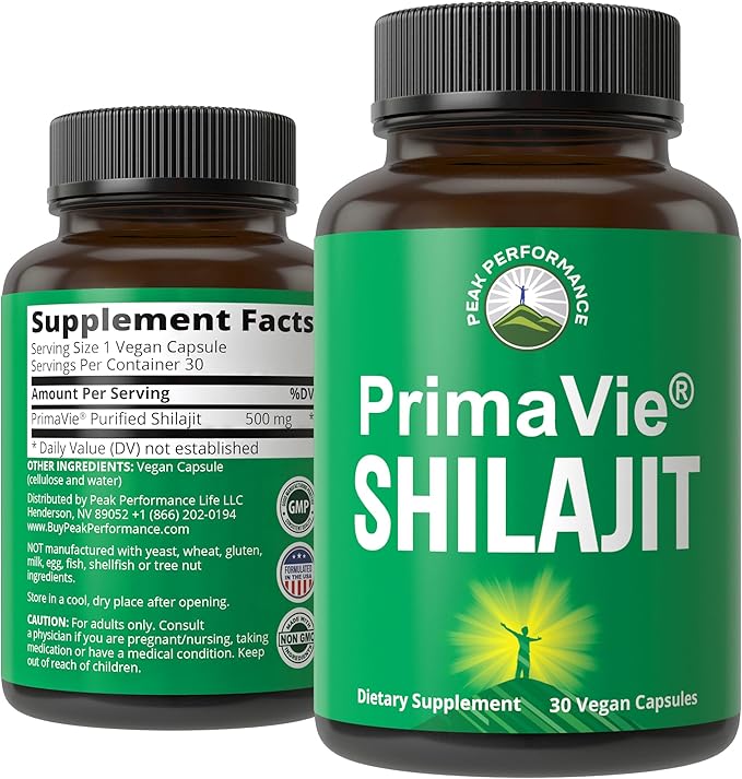 PrimaVie Purified Shilajit Capsules Made with Pure Shilajit Powder. Clinically Tested Natural Supplement with 40+ Trace Minerals Fulvic Acid. Tablets Support Mitochondria + Brain Function