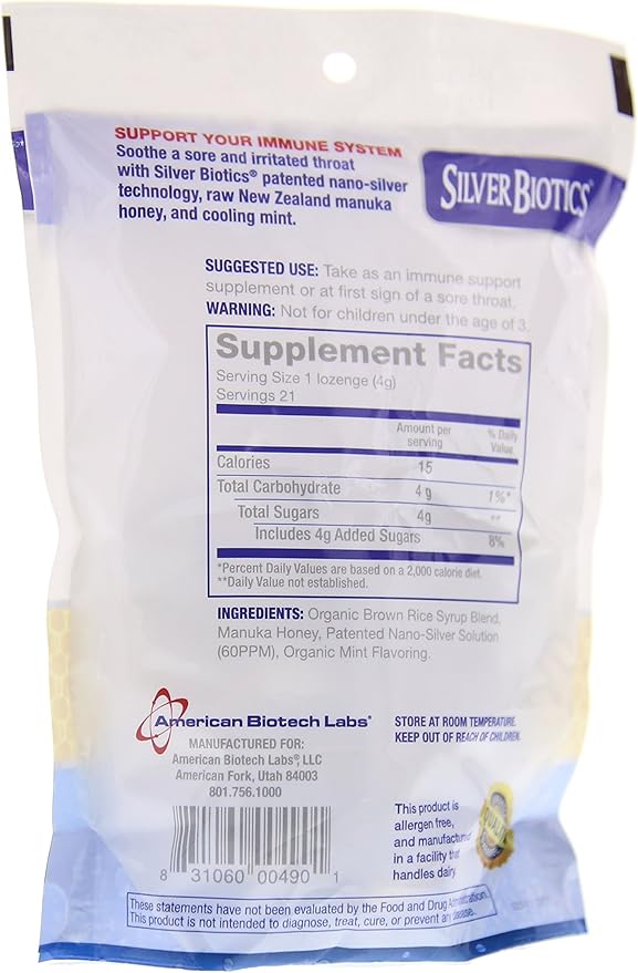 American Biotech Labs Silver Biotics Silver Lozenges w/60ppm SilverSol and Manuka Honey Mighty Manuka Mint (21 Count) (2 Pack)