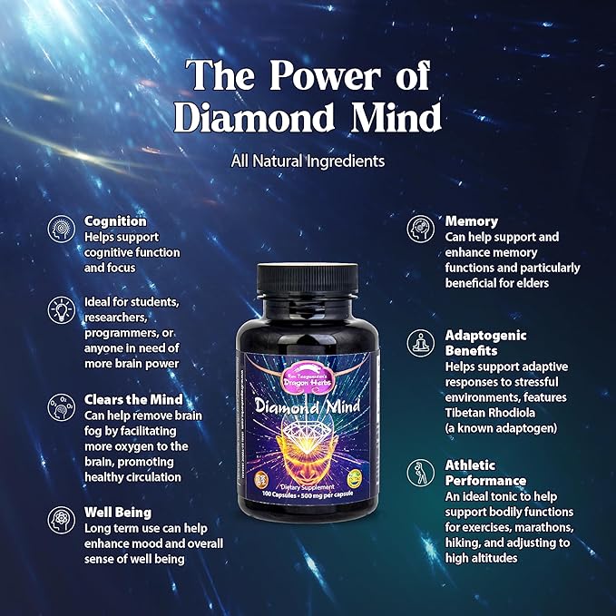 Dragon Herbs Plant Based Supplement for Memory &amp Concentration Support Vegan Adaptogenic Formula with Ginkgo Schizandra &amp Eleuthero - Diamond Mind 100 Capsules