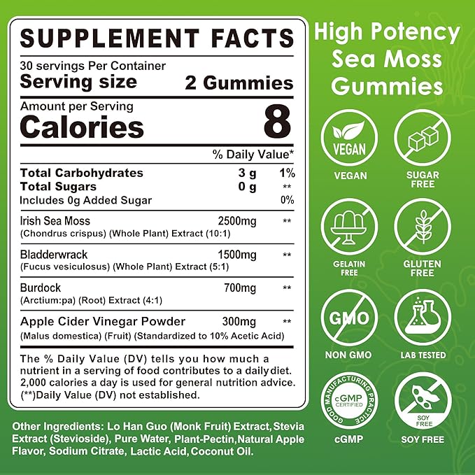 Sea Moss Gummies - Irish Sea Moss Gummies for Adults &amp Kids - Advanced Superfood Seamoss Supplement + Bladderwrack &amp Burdock Root ExtractACV for Daily Immune Gut Cleanse Vegan Sugar Free