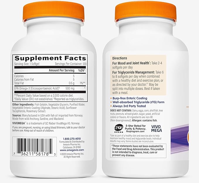 OmegaVia EPA 500 Purified Omega-3 Fish Oil Supplement 500 mg EPA in Triglyceride Form Burpless Fish Oil Non-GMO Gluten-Free IFOS 5-Star 120 Softgels (Pack of 2)
