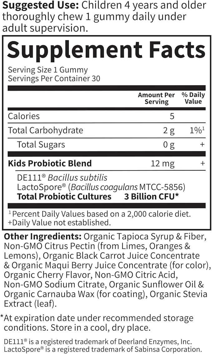 Garden of Life Kids Probiotic 3 Billion CFU Cherry Flavor Gummies - Sugar Free Once Daily Probiotics for Kids Children's Digestive &amp Immune Health 30 Vegetarian Gummies (Pack of 2)