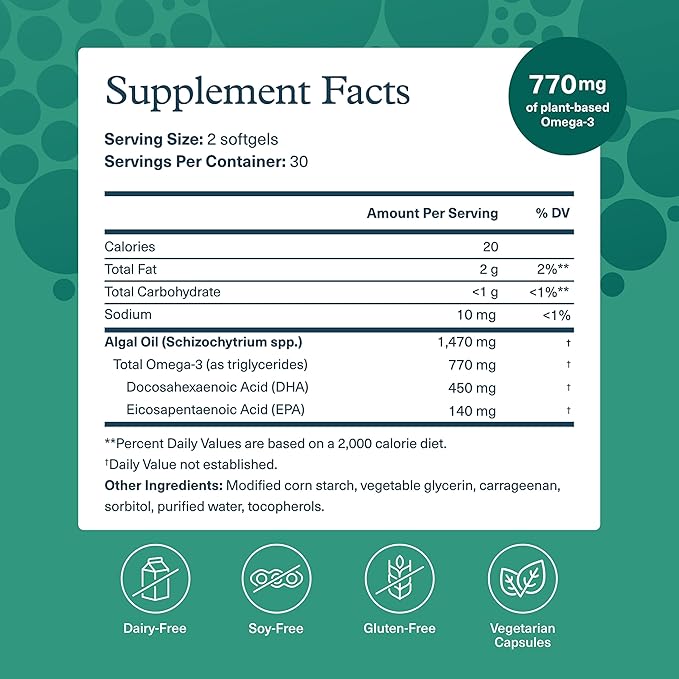 Youtheory Ocean-Friendly Omega - Vegan Algae Omega 3 Softgel - with EPA &amp DHA - Heart Eye &amp Brain Health - Recyclable Aluminum Container - Gluten Soy &amp Dairy Free - 60 Softgels (Pack of