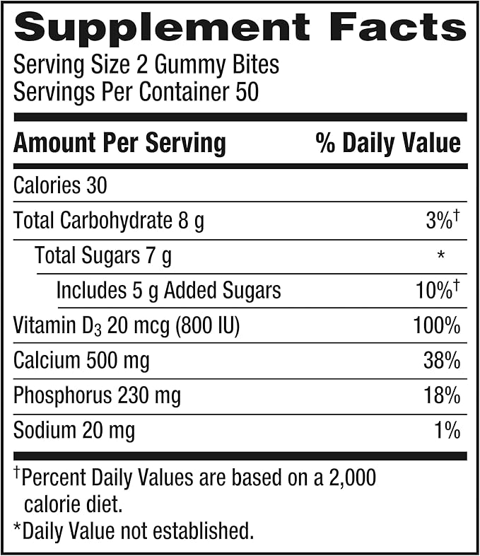 Caltrate Gummy Bites 500 mg Calcium and Vitamin D Supplement Black Cherry Strawberry Orange - 100 Count