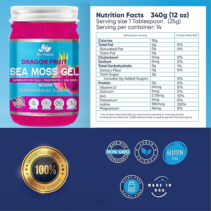 Sea Moss Gel by BioVitalica - Irish sea Moss raw Organic - Premium Quality - Dr Sebi Vegan superfood for Cells - 100% Natural Seamoss Gel (Pack of 1 Dragon)