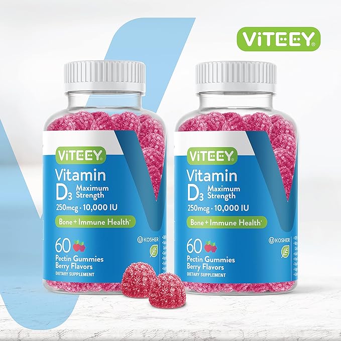 VITEEY Vitamin D3 Gummies for Adults &amp Teens - 10000 IU 250mcg Maximum Strength - Joint &amp Muscle Health Immune Boost - Chewable Vitamin D Gummies - Vegetarian Gelatin Free - Tasty Berry F