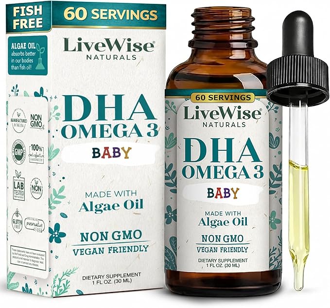 LiveWise Naturals DHA Omega 3 Drops for Kids - Vegan Liquid Omega 3 for Infants Toddlers &amp Children - Essential DHA Supplement for Baby Brain Eye &amp Immune Health