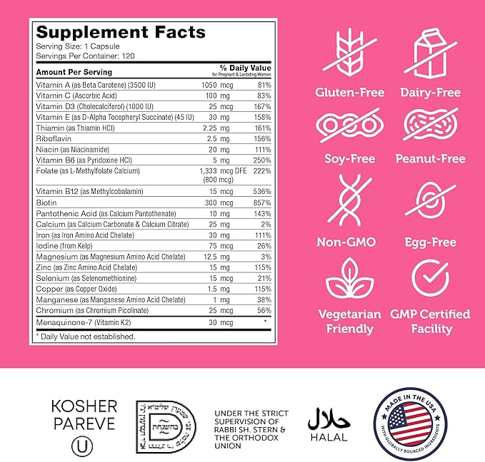 Zahler - Total One Prenatal Vitamins for Women (120 Count) Daily Multi Vitamin Prenatals with Folic Acid Iron Zinc &amp 19 Other Essential Vitamins &amp Minerals - Kosher Pre Natal Multivitamin Ca