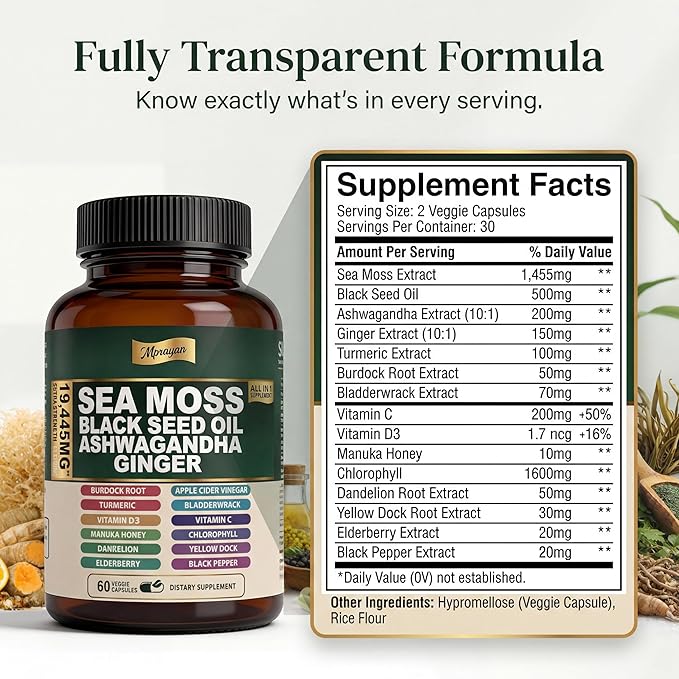 Sea Moss Black Seed Oil Ashwagandha Capsules - 10:1 Extract Blend 60ct