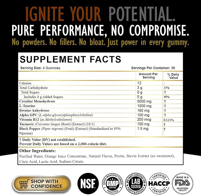 Creatine Monohydrate Gummies for Men &amp Women - Sugar Free &amp Vegan Advanced Formula W/L-Taurine + Vitamin B12 - for Muscle Strength Muscles Builder Recovery (120 Count (Pack of 1) Orange)