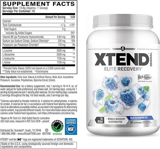 Xtend Original BCAA Powder 7g BCAAs and 2.5g L-Glutamine for Muscle Recovery Hydration and Lean Muscle Sugar Free Intra and Post Workout Drink with Electrolytes Blue Raspberry Ice 90 Servings
