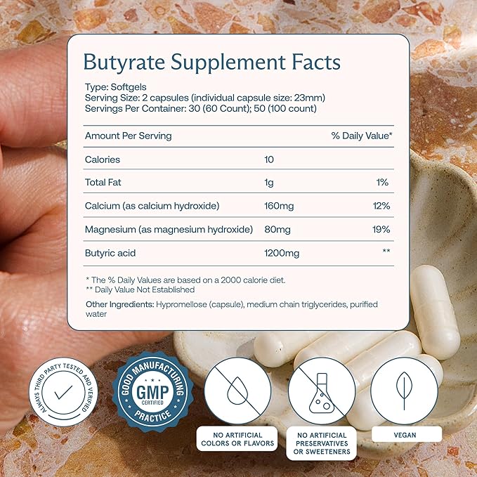 BodyBio Butyrate - Postbiotic for Gut Health Digestive Support Bloat Gas &amp Constipation Relief Leaky Gut Repair - Calcium Magnesium + Butyric Acid Supplement for GI Wellness