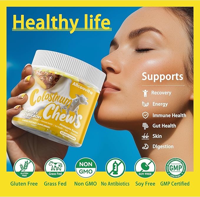 Bovine Colostrum Chews Supplement with probiotics for Gut Health Bloating Immune Support Skin Hair Growth and Beauty - Pineapple Flavor (60 Servings)