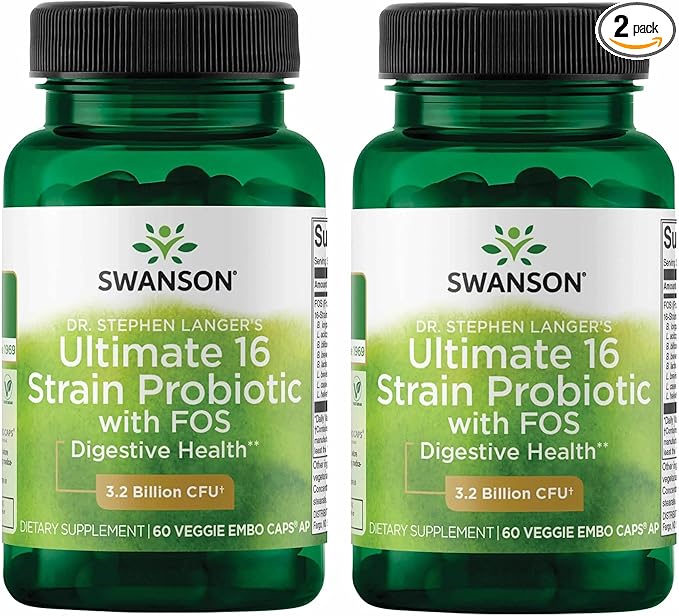 Swanson Dr. Stephen Langer's 16-Strain Probiotic with Prebiotic FOS for Gut-Health-Conscious Adults with 3.2 Billion CFU (60 Vegan Capsules 2 Pack)