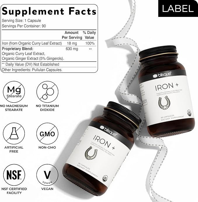 Blisque - Organic Plant-Based Iron Formula for Blood Health Immune Support and Energy | from Organic Curry Leaf Extract | 90 Capsules