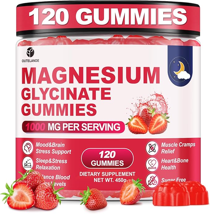 120 CT Magnesium Glycinate Gummies 1000 mg for Women and Men Magnesium Malate &amp Taurate Supplements for Sleep Body Support and Relaxation Sugar Free Vegan Strawberry Flavor