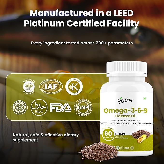 Omega 3-6-9 Flaxseed Oil 1000mg – Triple Omega Fatty Acids Supplement for Heart Brain Joint Skin &amp Hair Health – 60 Capsules