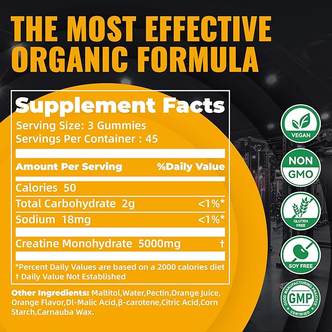 Natures Aid NSF Certified Creatine Gummy 5g - Creatine Monohydrate Gummies – Pre-Workout Energy &amp Muscle Growth Support for Men &amp Women | Orange Electrolyte Gummies (135 Count)