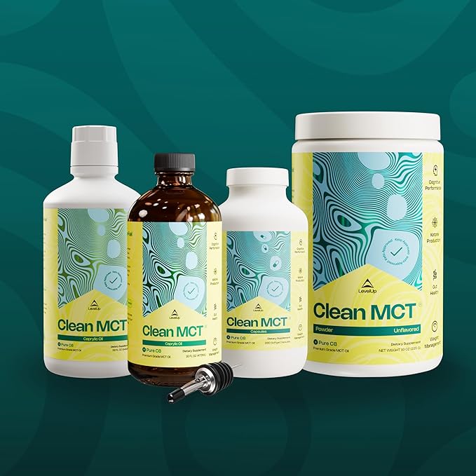 LevelUp Clean MCT Oil - 100% Caprylic C8 for Energy Focus Gut Health Brain Superfuel - Keto Supplement for Ketogenic Coffee and Ketones - Non-GMO (32 oz Glass Bottle)