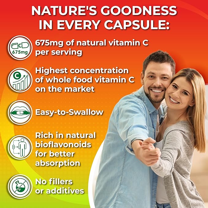 Whole Food Vitamin C Complex - 1450mg Organic Berries - 675 mg Vitamin C per Serving High-Potency Antioxidant &amp Immune Support with Acerola Amla and Natural Bioflavonoids - Vegan Non-GMO 120 C
