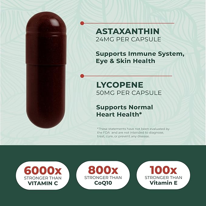 PurePremium Astaxanthin Supplements - Astaxanthin 24mg with Lycopene 50mg Antioxidants Supplement for Skin &amp Eye Health &amp Immune System Support – Non-GMO - 60 Count 2 Month Supply