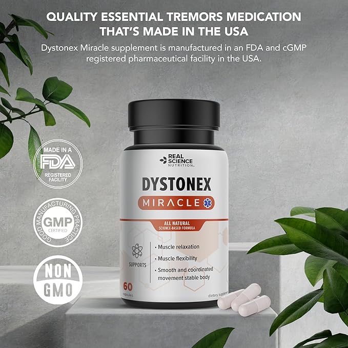 Real Science Dystonex - Dystonia Support Supplement for Tremors Muscle Contractions &amp Spasms – Muscle Relaxer Pills with Vinitrox &amp GABA for Nerve Support &amp Blood Circulation – Made in US