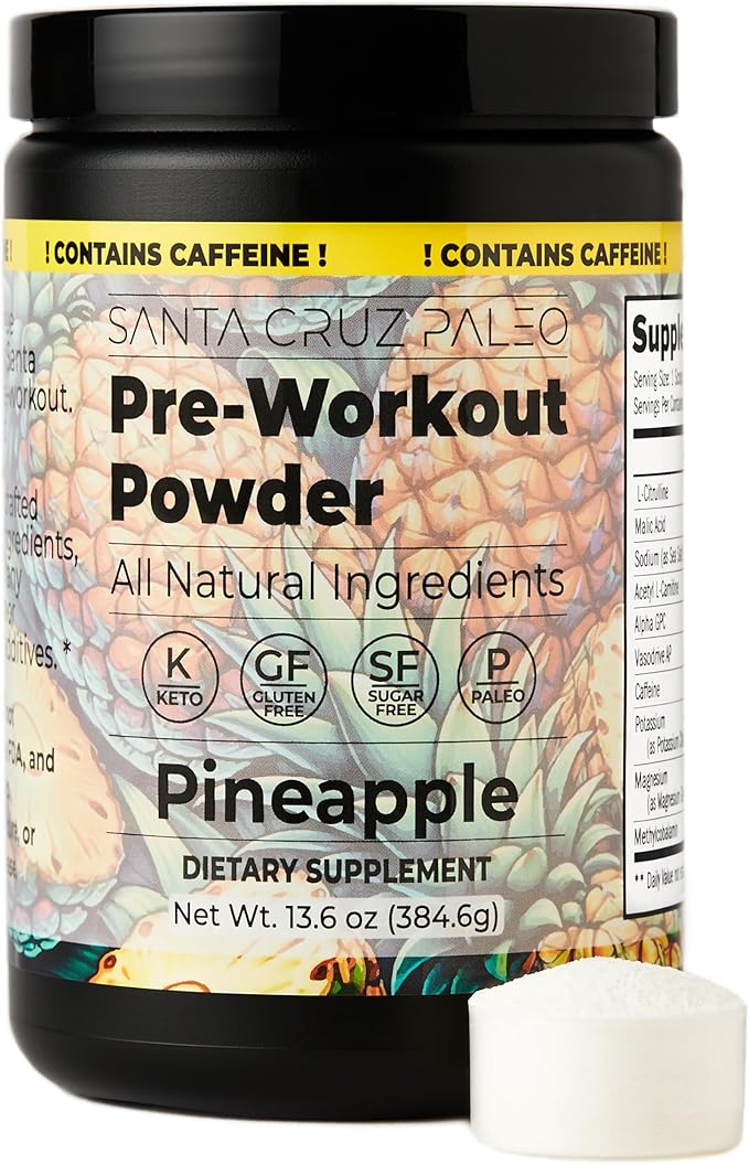 Santa Cruz Paleo Pre Workout Powder with Caffeine &amp Electrolytes Magnesium Potassium Sea Salt &amp L Citrulline Sugar Free Preworkout Drink Mix for Energy &amp Hydration Pineapple Flavor 3