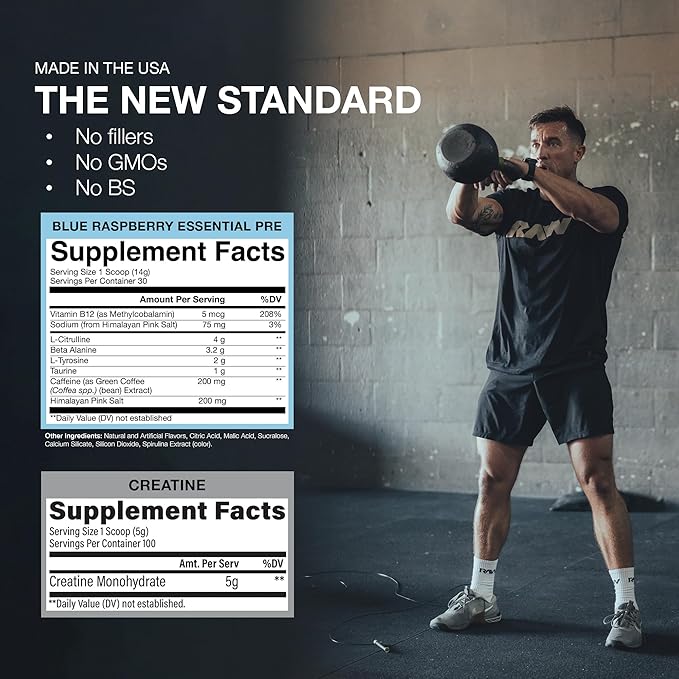 RAW Nutrition Creatine Monohydrate &amp Blue Raspberry Pre-Workout Powder Bundle