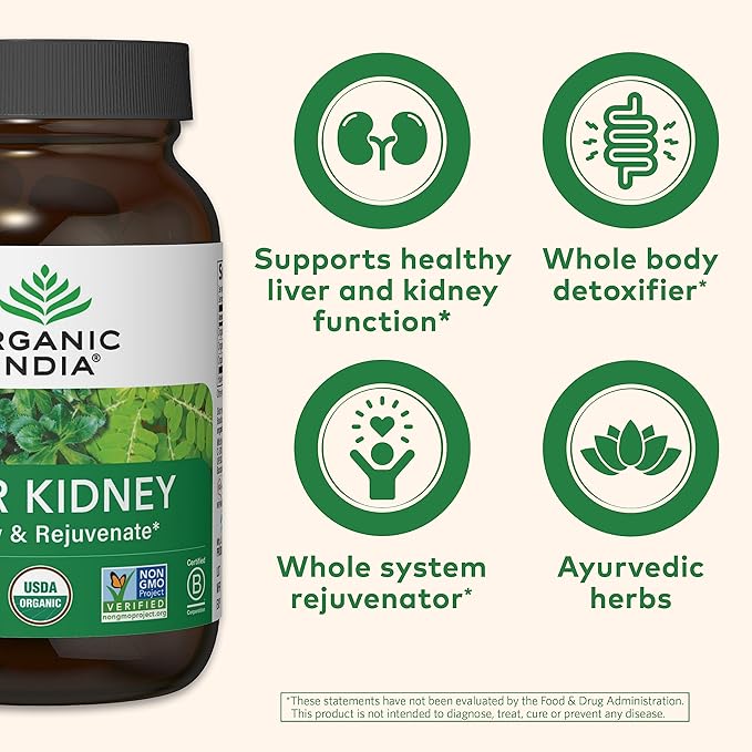 ORGANIC INDIA Liver Kidney Herbal Supplement - Detoxify &amp Rejuvenate Supports Healthy Liver &amp Kidney Function Vegan Gluten-Free Kosher USDA Certified Organic Non-GMO - 90 Capsules