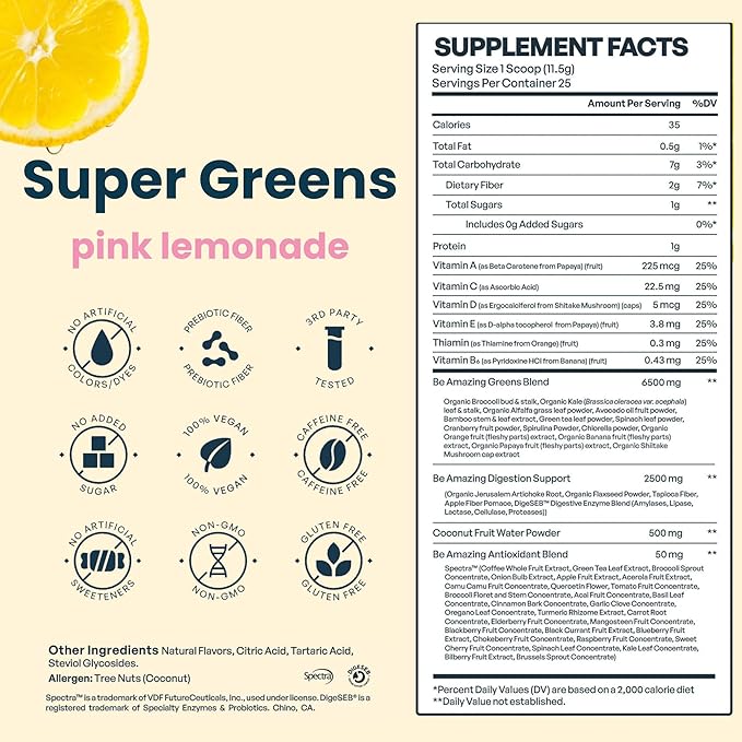 BE AMAZING Super Greens Powder with Prebiotics Digestive Enzymes &amp Antioxidants 35 Fruits &amp Veggies Electrolytes &amp Fiber Vegan Gluten Free Juice &amp Smoothie Mix Pink Lemonade 25